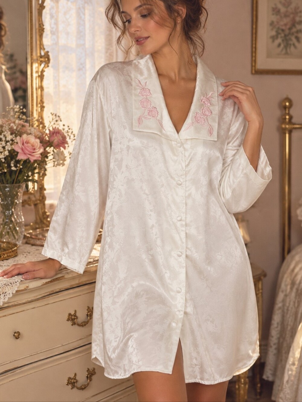 Vintage Victoria's Secret Gold Label Satin Robe 80s M/L Floral Romantic Coquette